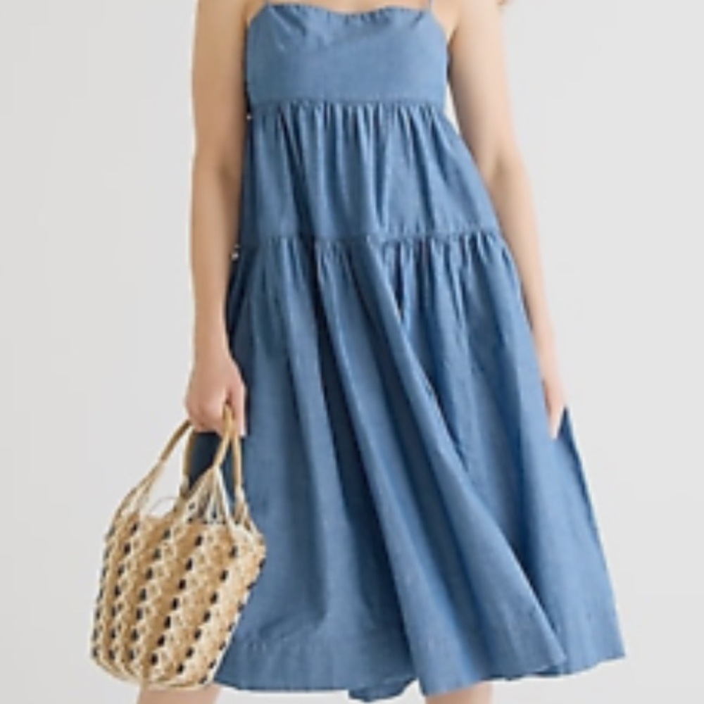 J. Crew Blue Chanbray Tiered Spaghetti Strap Sundress